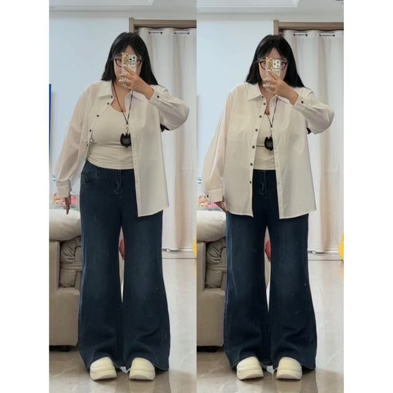 深蓝色微喇叭牛仔裤女胖mm高腰宽松遮胯显瘦梨型身材大码阔腿裤子