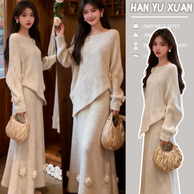 孕妇装孕妇显瘦秋冬款一字领不规则针织毛衣+刺绣花朵半身裙孕妇