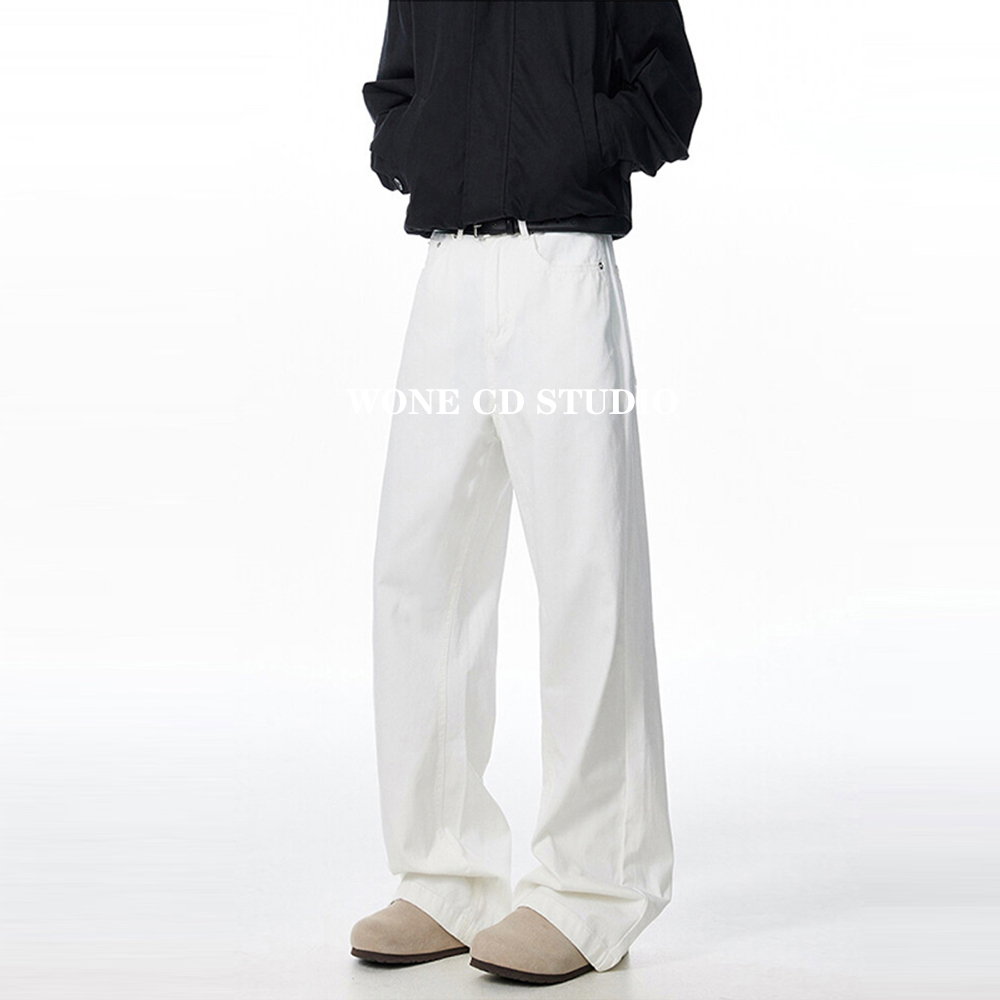 美式白色加绒加厚牛仔裤男女宽松cleanfit阔腿休闲裤百搭直筒长裤