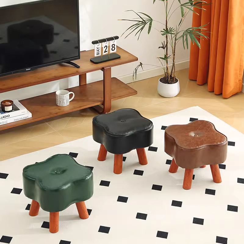 家用小凳子客厅简约油蜡皮面小矮凳软包实木凳入户换鞋凳