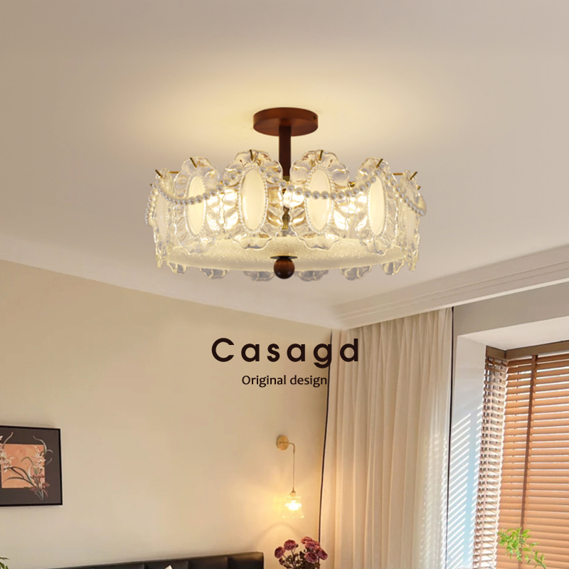 CASAGD中古风珍珠吊灯法式轻奢水晶玻璃主卧客厅复古胡桃木纹主灯