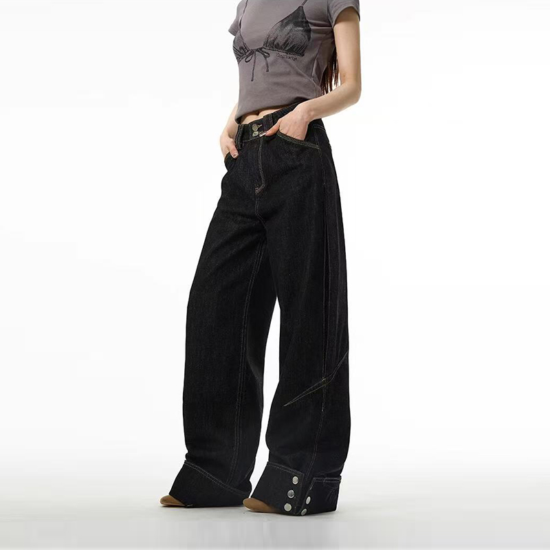 韩版翻边高腰牛仔裤小个子黑色直筒裤时尚日系阔腿复古