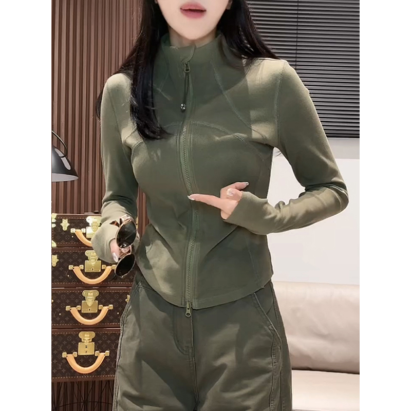 绿色双拉链立领长袖卫衣女秋季2025新款百搭显瘦短款开衫外套上衣