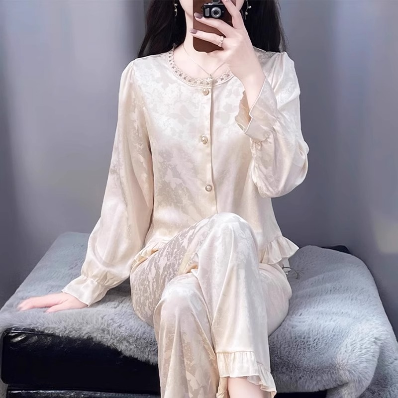 tpvl2025新款法式提花睡衣女春秋长袖圆领花边长袖家居服高级感夏