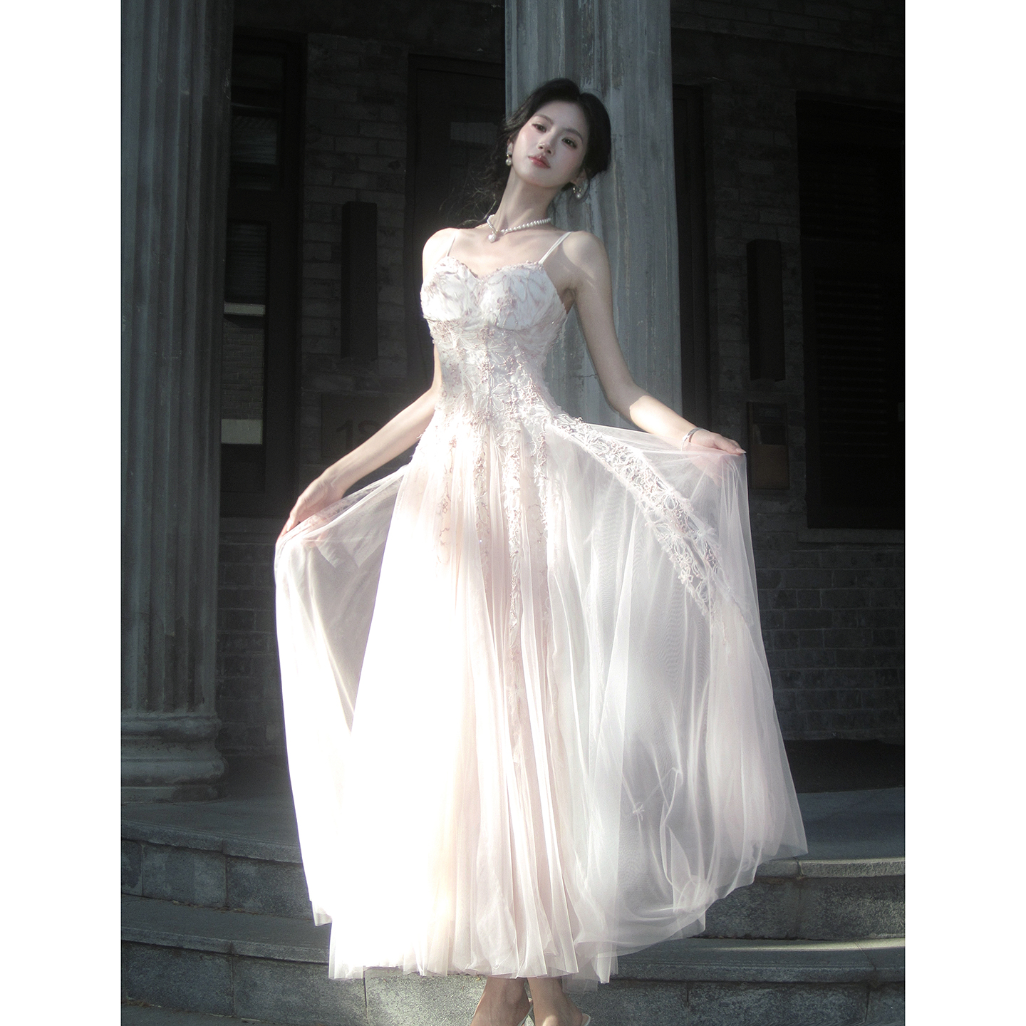 Good Job【海棠花颂】法式薄纱蕾丝粉色吊带连衣裙温柔气质仙女裙