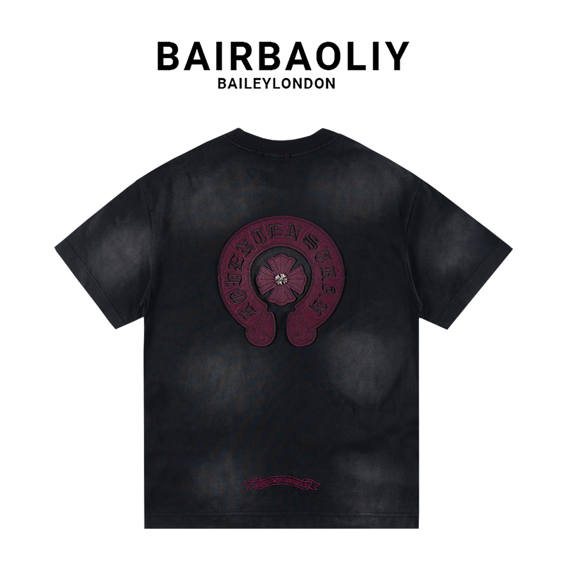 BAIRBAOLIY经典刺绣十字架梵文LOGO大牌质感渐变色高克重重磅短袖