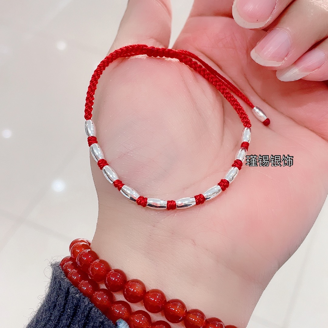 925银手链 纯银转运珠手链藕节竹节手链红绳可调节