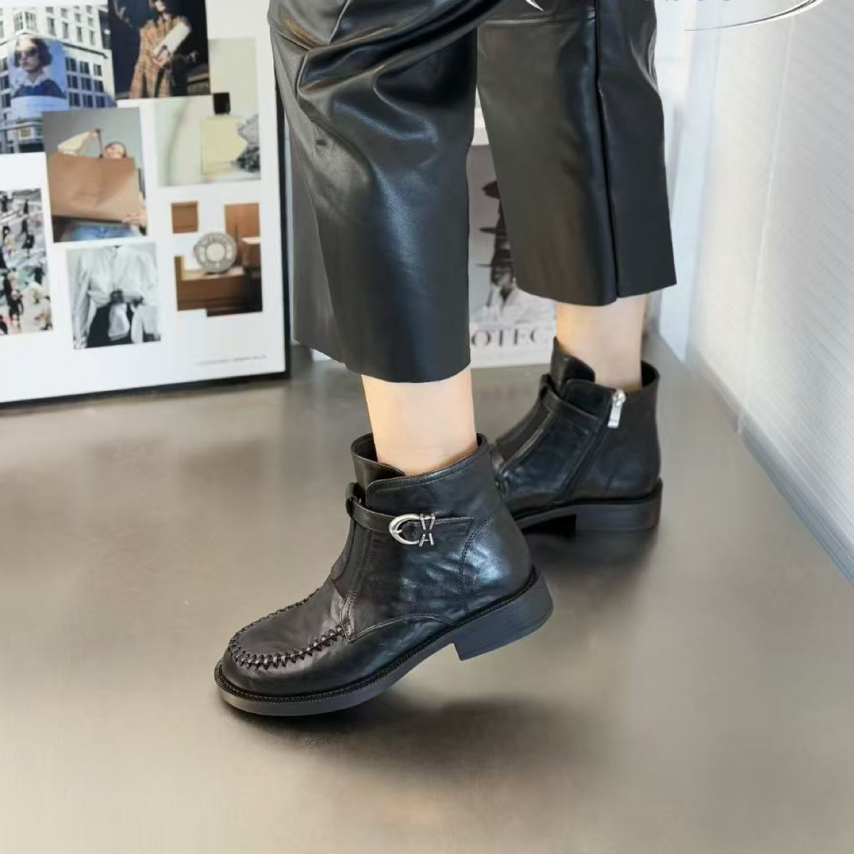 编织高级感小短靴子女鞋2025秋冬季新款复古英伦风马丁靴