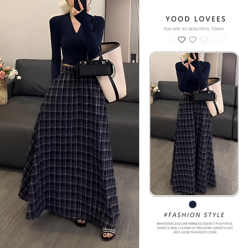 春秋炸街时尚V领修身长袖上衣高腰格子半身裙韩系chic别致两件套