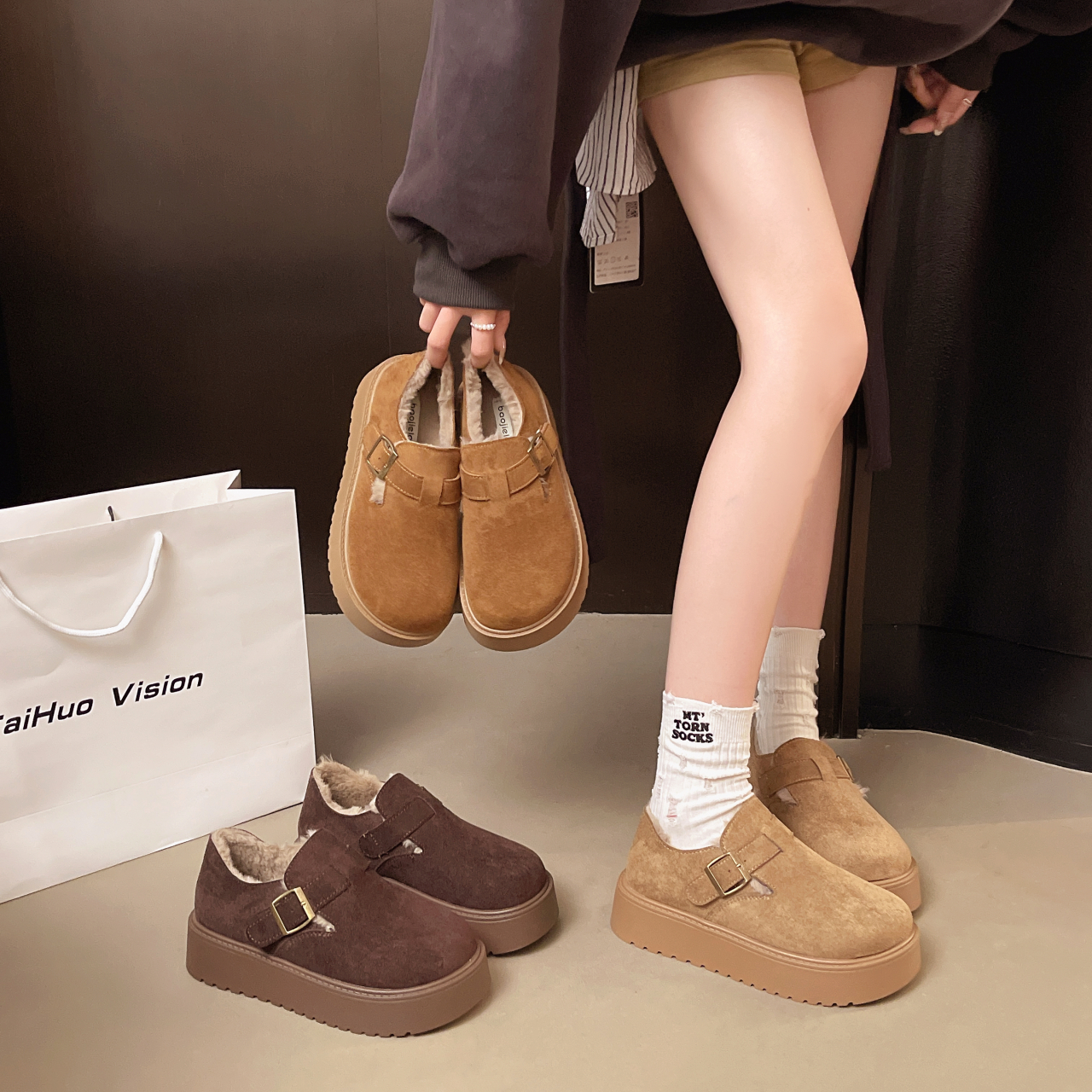 勃肯鞋女大棉厚绒2025年秋冬新款厚底松糕一脚蹬博肯鞋防滑雪地靴