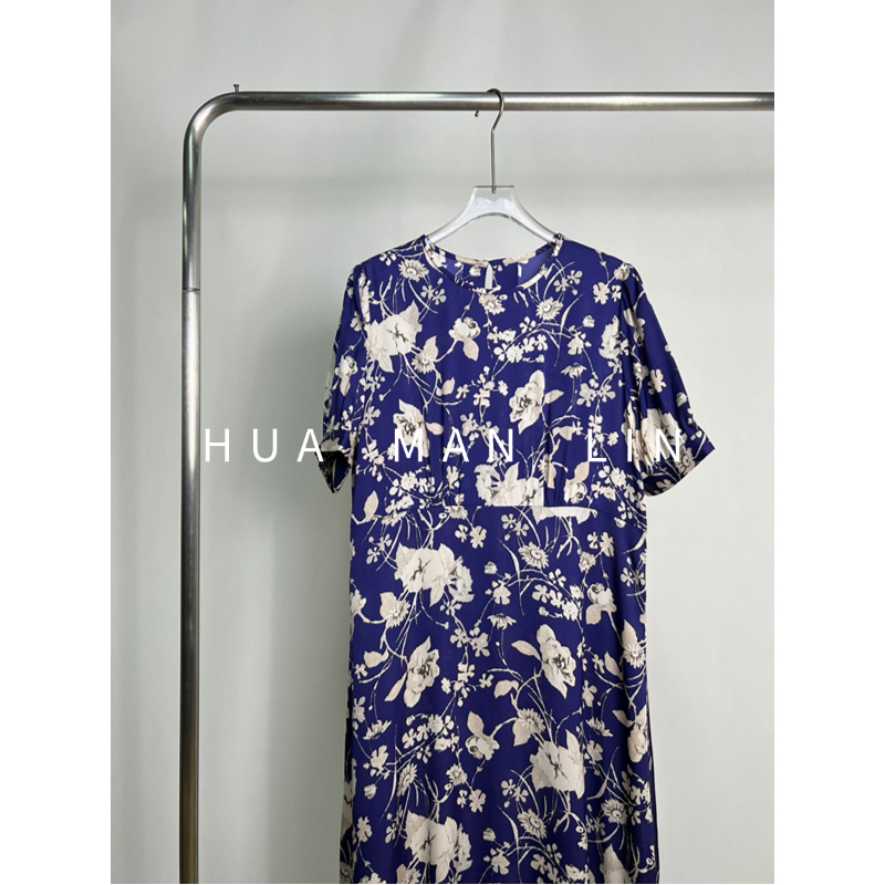 【花满林】圆领后扣花朵拼接下摆双乔真丝桑蚕丝连衣裙251381