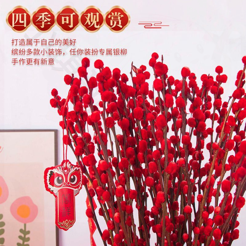 （新疆包邮）仿真银柳鲜枝春节年宵花卉水培植物干花红色银柳客厅装
