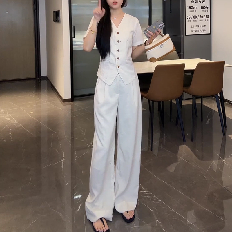 韩系时尚纯色V领短袖针织衫休闲裤女2025新款设计感小众气质套装