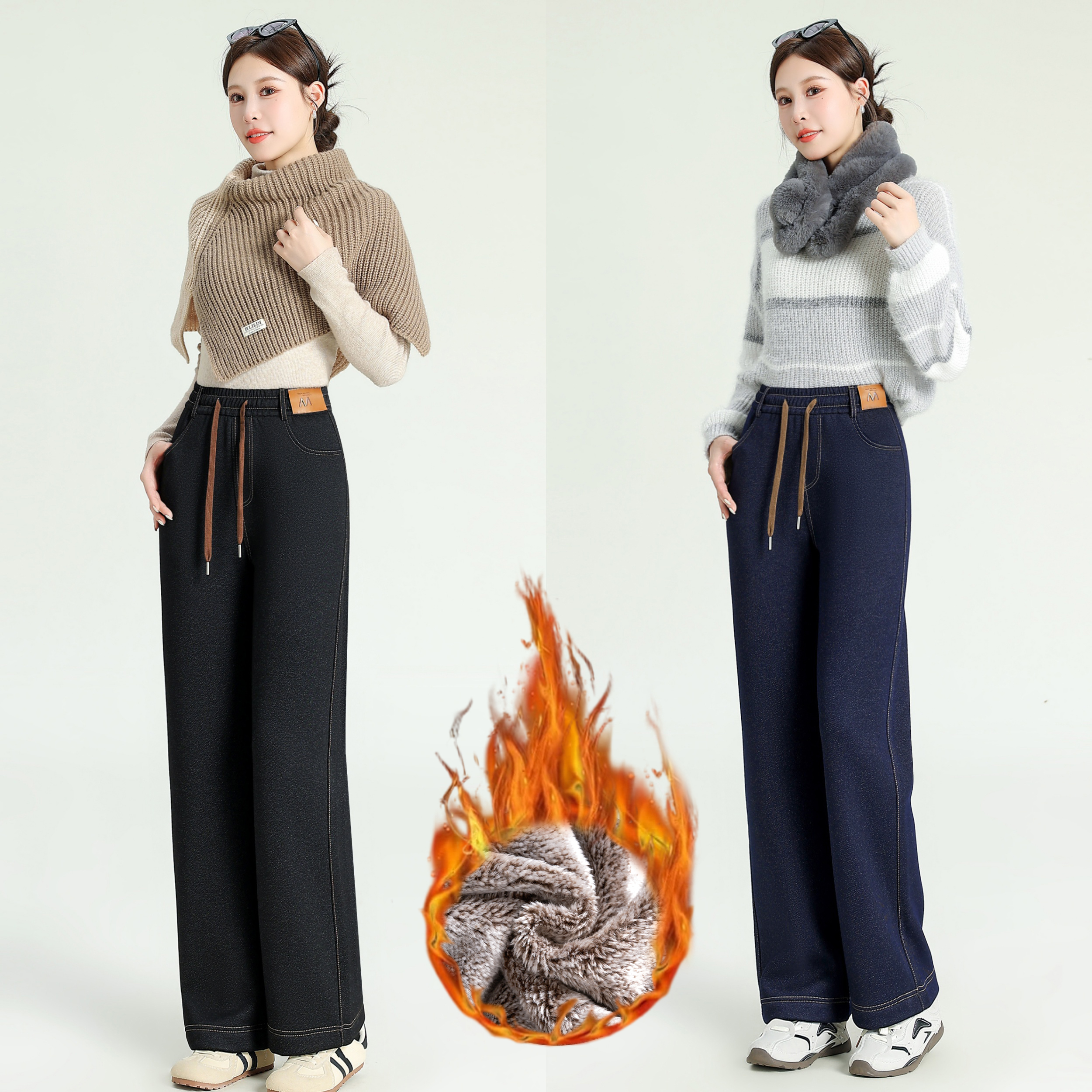 特厚加绒软牛仔女裤直筒裤阔腿裤松紧腰高弹力女裤