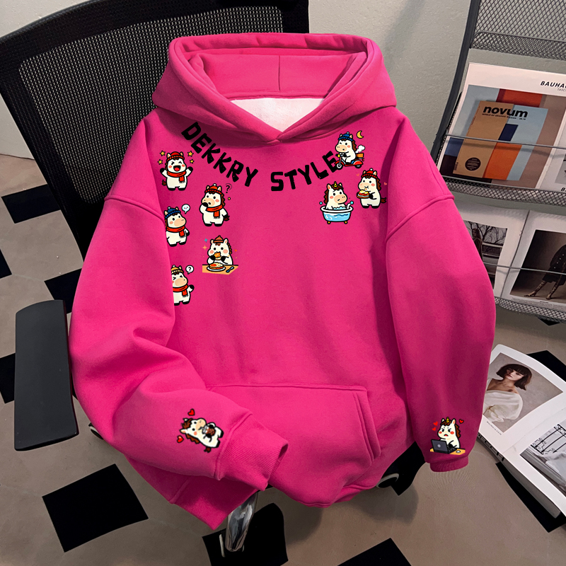Dekkry趣味卡通小马印花秋冬流行火龙果色连帽卫衣男女情侣装上衣