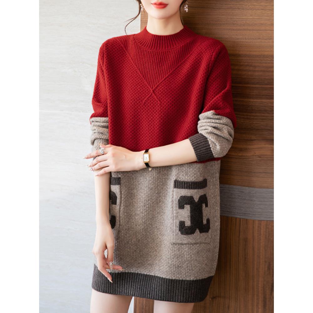 雅鹿中长款羊毛衫女秋冬洋气外穿毛衣宽松中年妈妈装大码针织衫毛