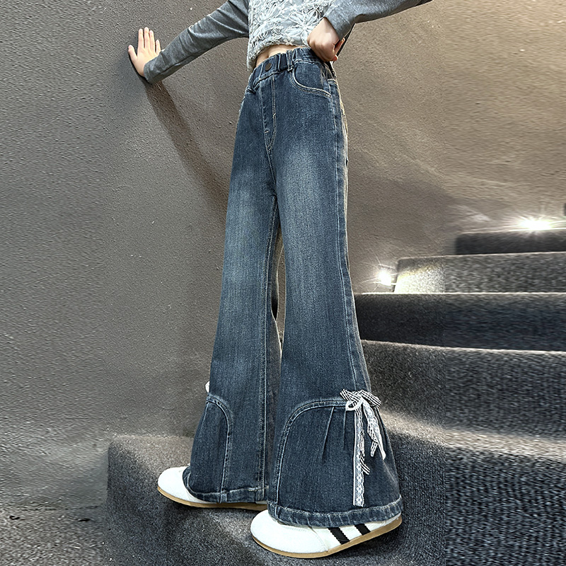 女童弹力修身微喇叭裤显瘦洋气2025新款儿童蝴蝶结丝带牛仔裤甜美