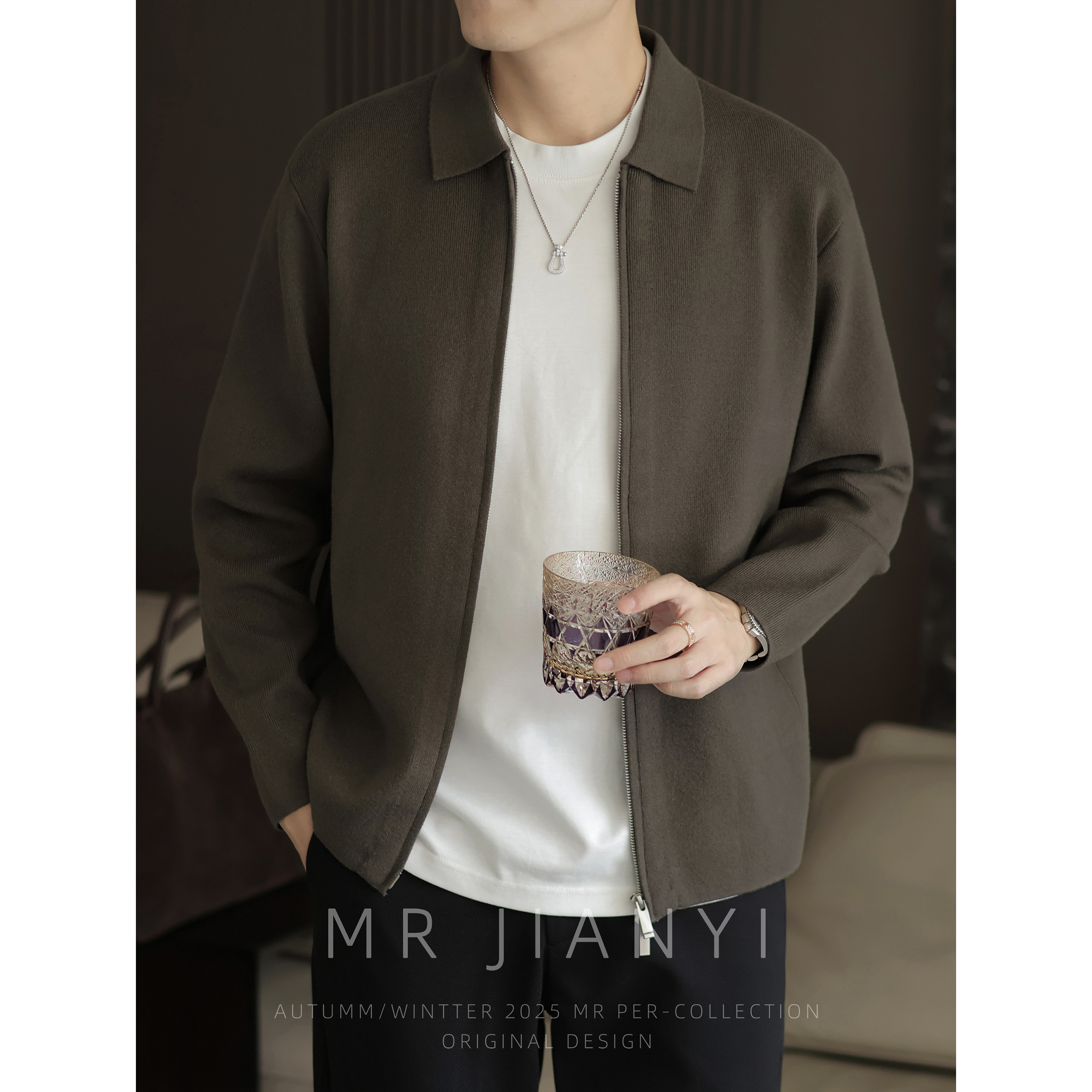 MR JIANYI秋冬810克奢享精纺双拉链翻领针织开衫商务毛衣外套男装
