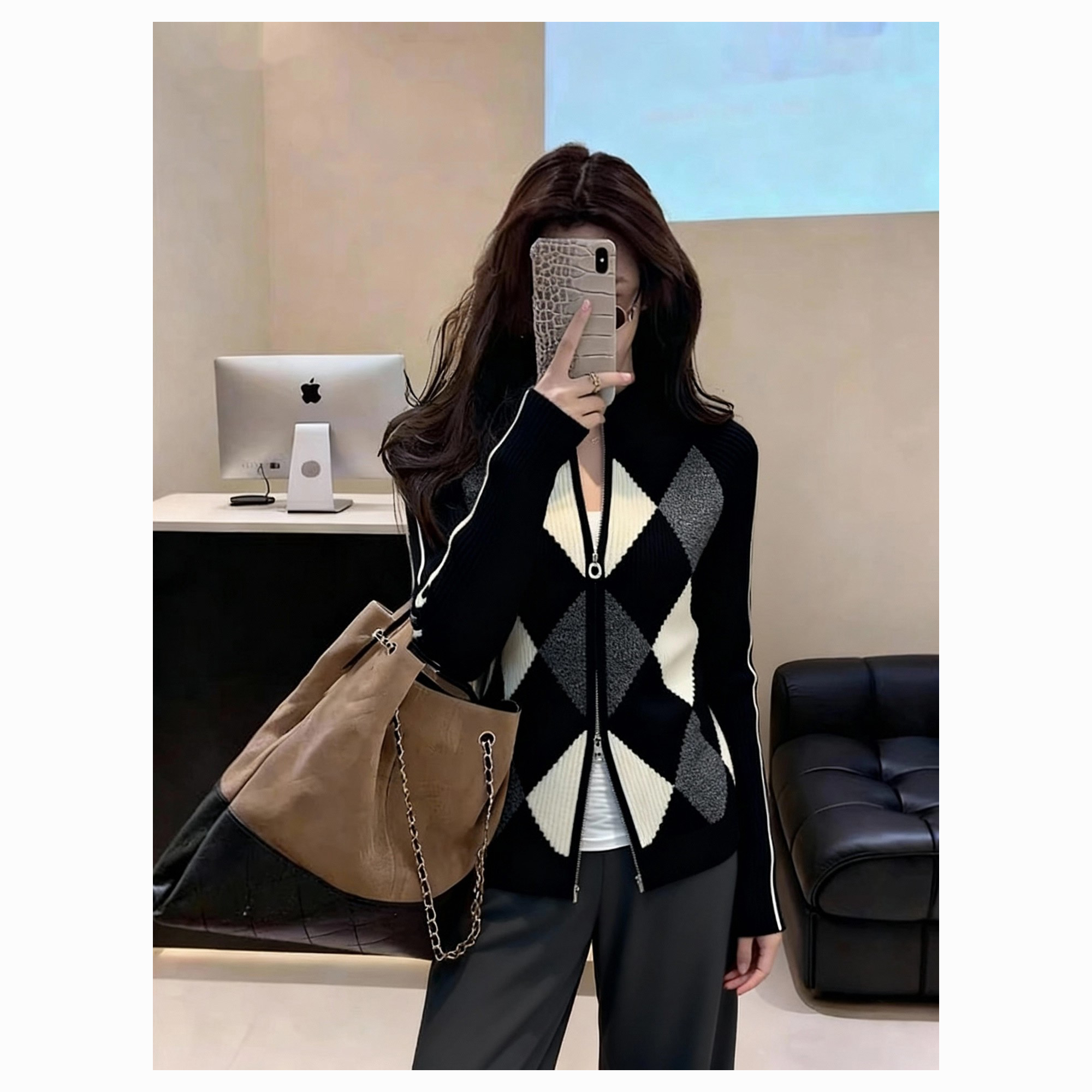 小众设计感时尚菱格上衣女2025冬拼接气质百搭慵懒双拉链针织开衫