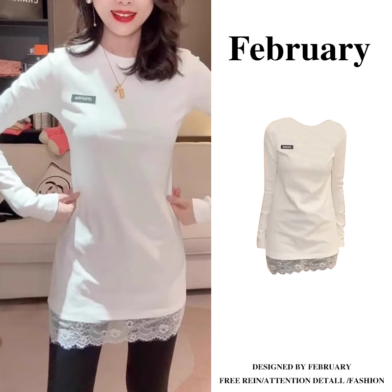 蕾丝边中长款内搭打底衫t恤女秋冬2025新款时尚简约百搭上衣5677