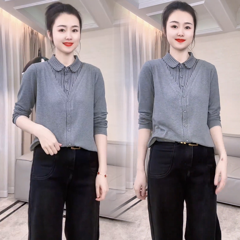 时尚条纹拼接衬衫女2025春秋新款洋气设计感长袖假两件上衣潮