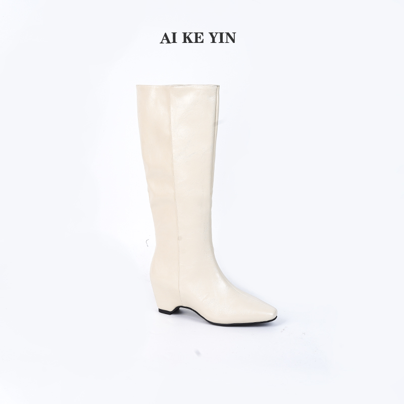 【艾珂茵】秋冬新款方头无拉链气质百搭薄绒时装中筒靴内增高时尚