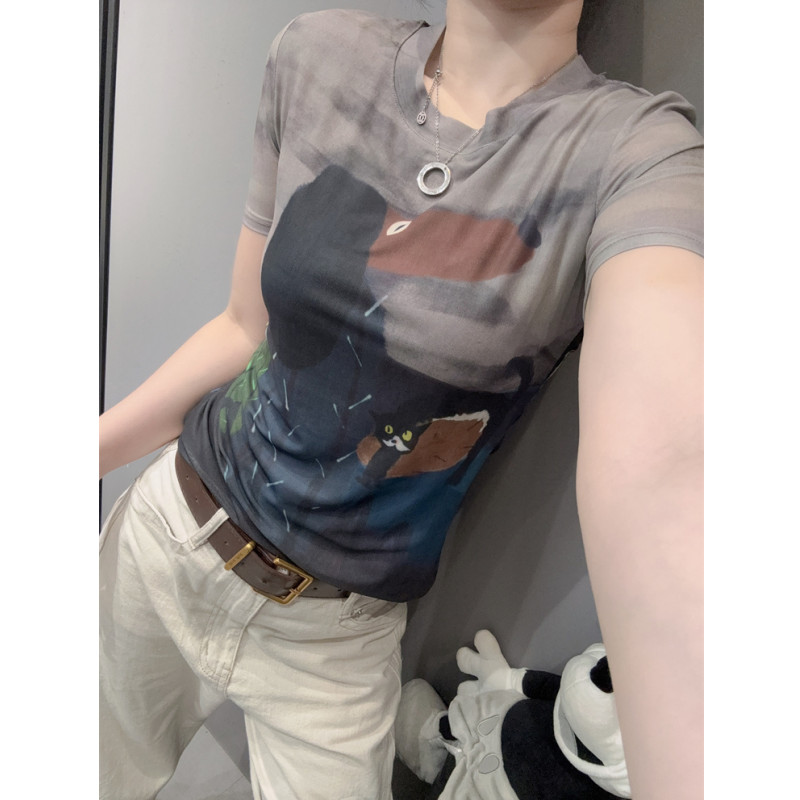 欧货时尚圆领短袖T恤女气质百搭印花网纱弹力修身高级感小衫上衣