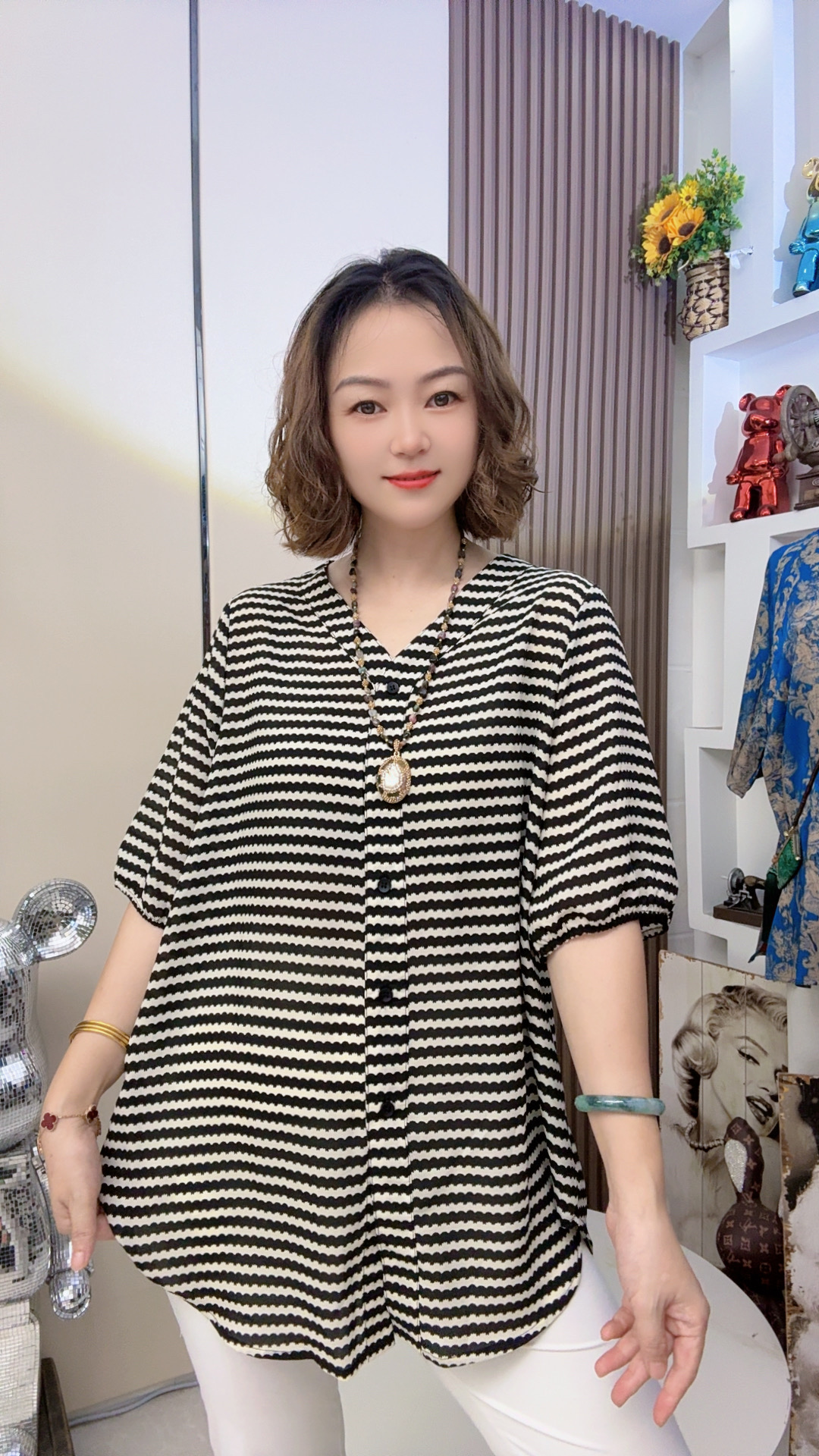 【条纹3869】欧版宽松时尚百搭v领显瘦洋气中长款大码衬衫衬衣上衣