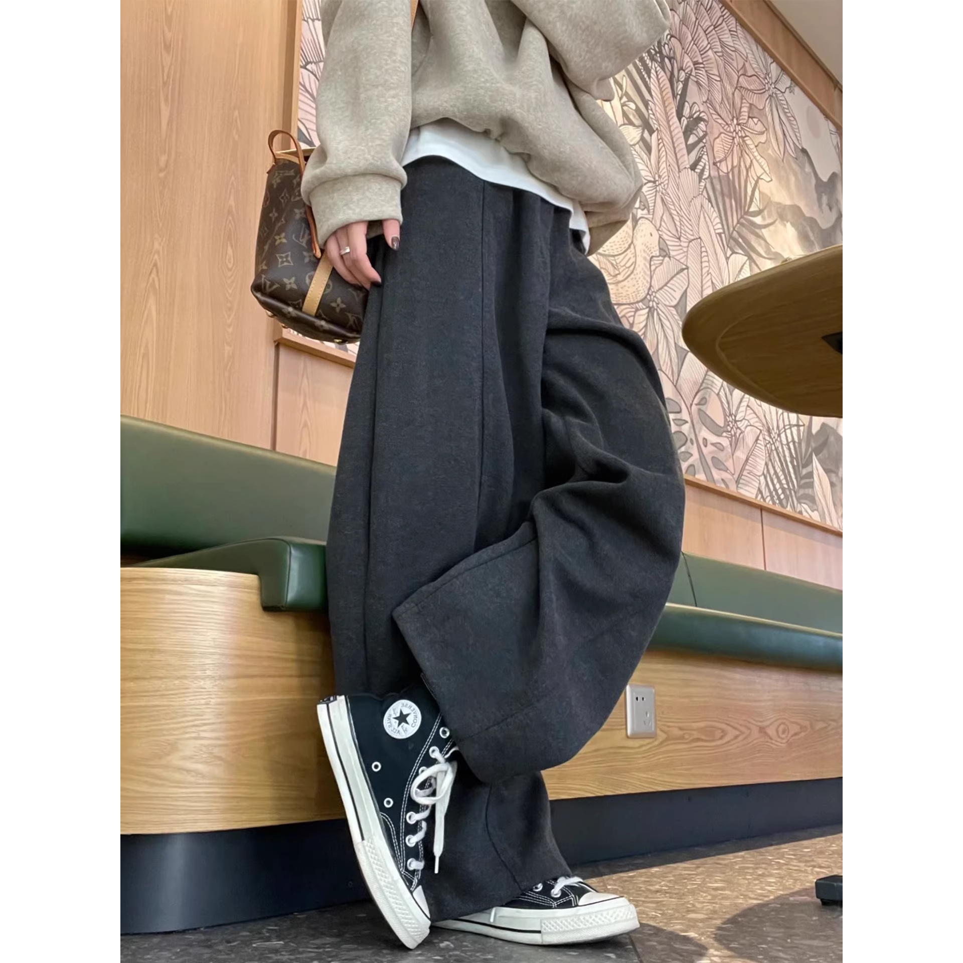 加绒加厚毛呢阔腿裤女秋冬新款大码胖mm梨型身材宽松设计感休闲裤