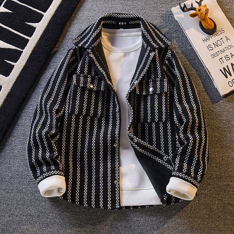 日系复古条纹衬衫男长袖帅气工装夹克秋季高级感潮流百搭衬衣外套