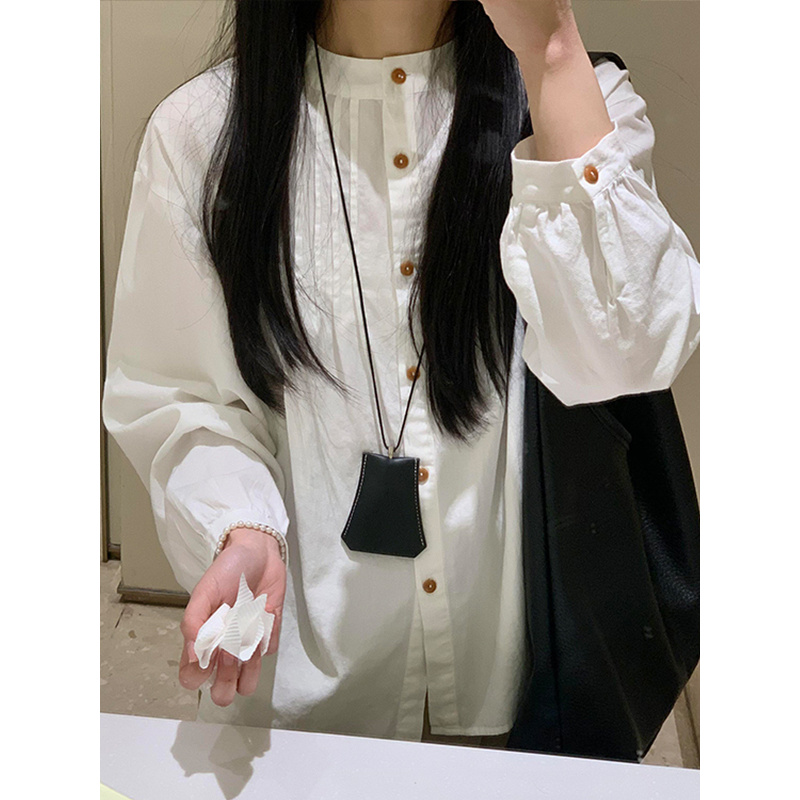气质款强货！日系文艺琴褶白色衬衫女设计感圆领长袖小众百搭上衣