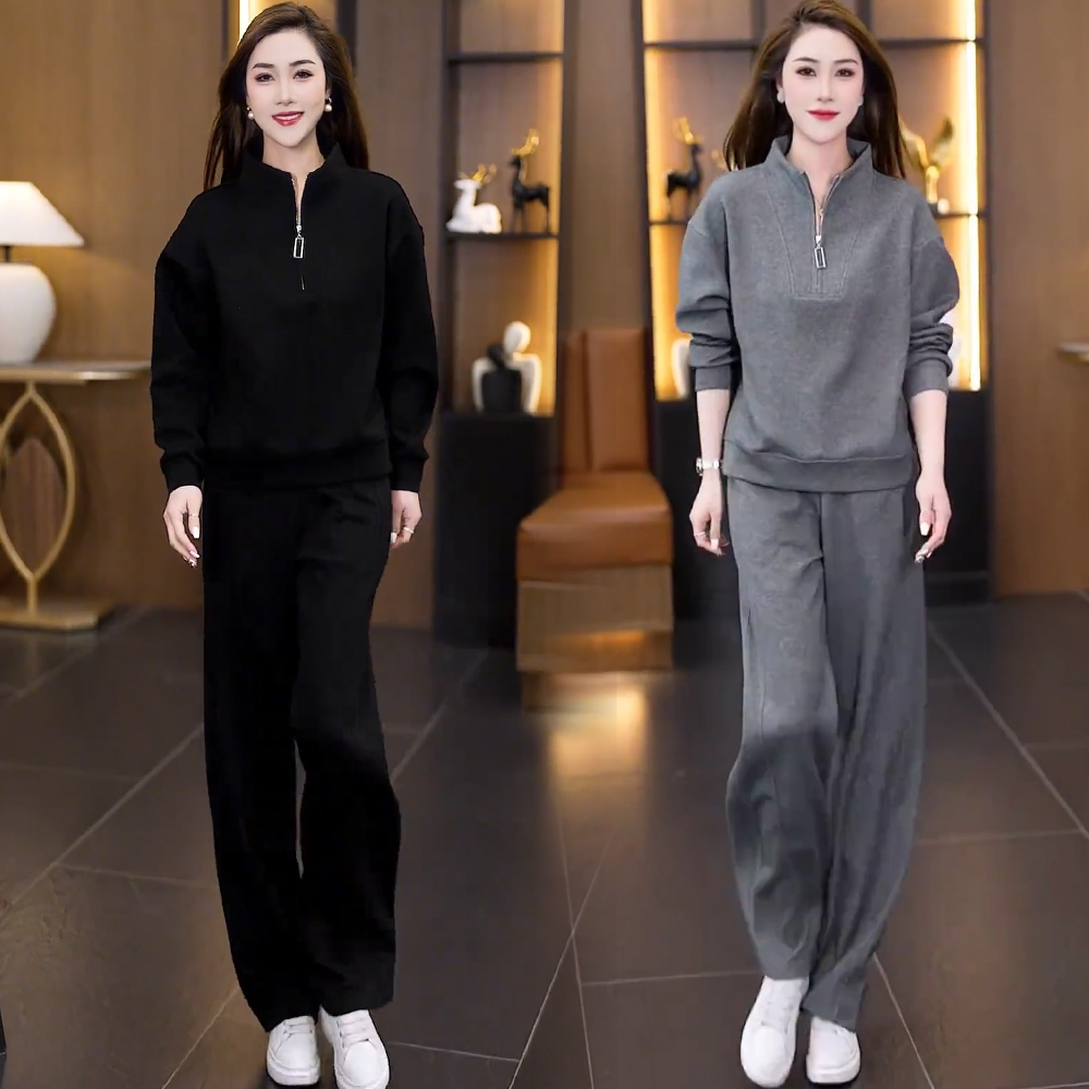 拉夏贝尔休闲运动套装女2025秋季洋气显瘦半拉链套头阔腿裤两件套