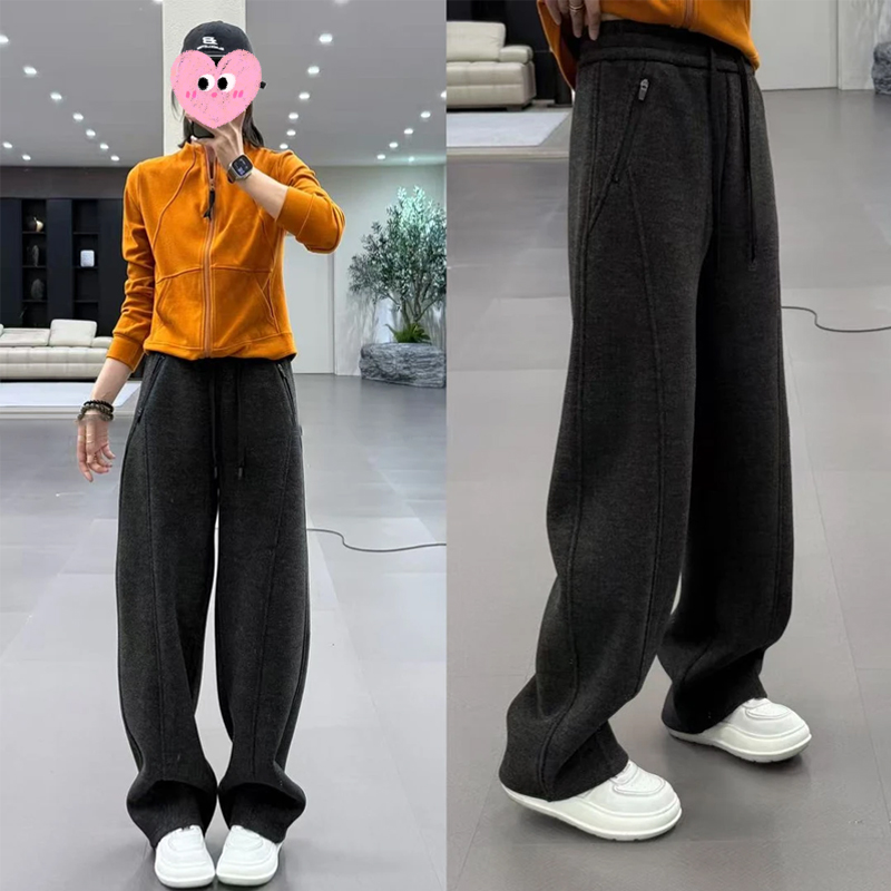 2025冬季新款休闲百搭加厚加绒遮胯显瘦直筒裤松弛感抽绳阔腿长裤