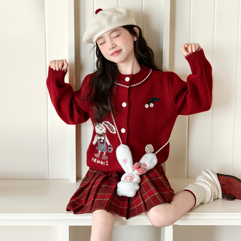 女童毛衣2025新款冬儿童红色针织衫女孩大童毛线衣马年本命年衣服