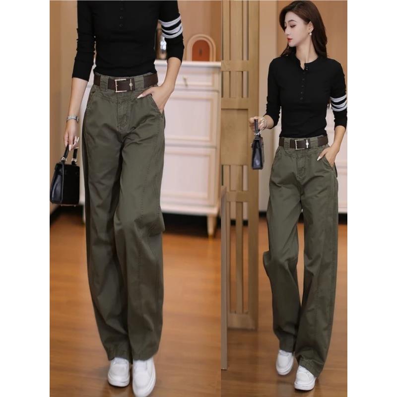 弯刀阔腿工装裤女2025春秋季高腰显瘦休闲裤洗水棉牛仔窄版直筒裤