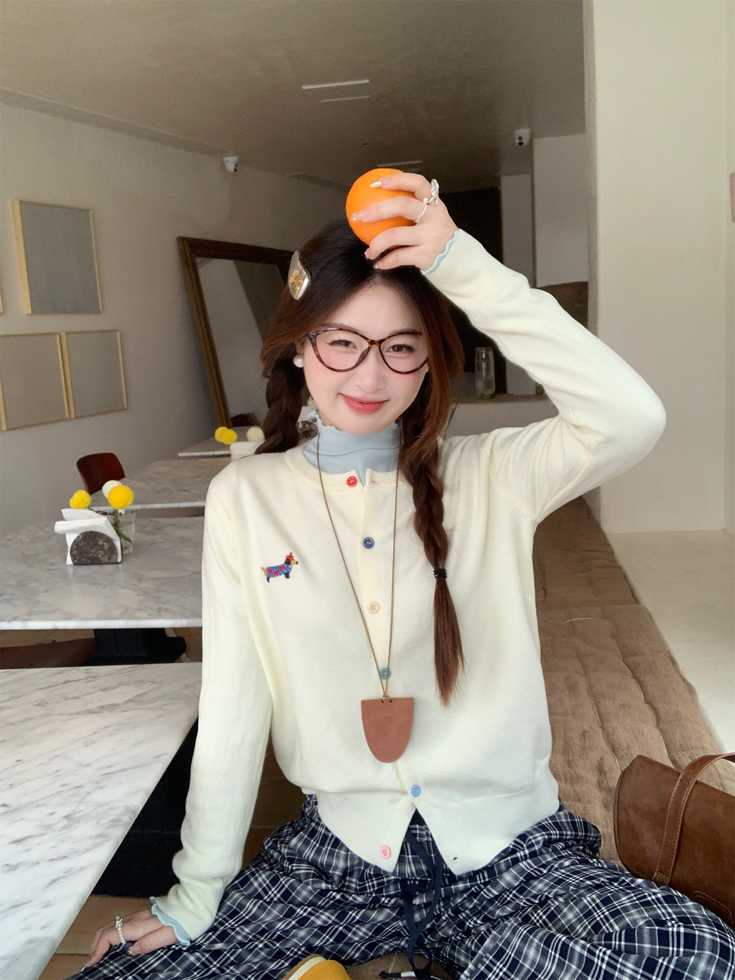 【秋冬专场】多巴胺系列刺绣小狗圆领彩虹扣针织开衫