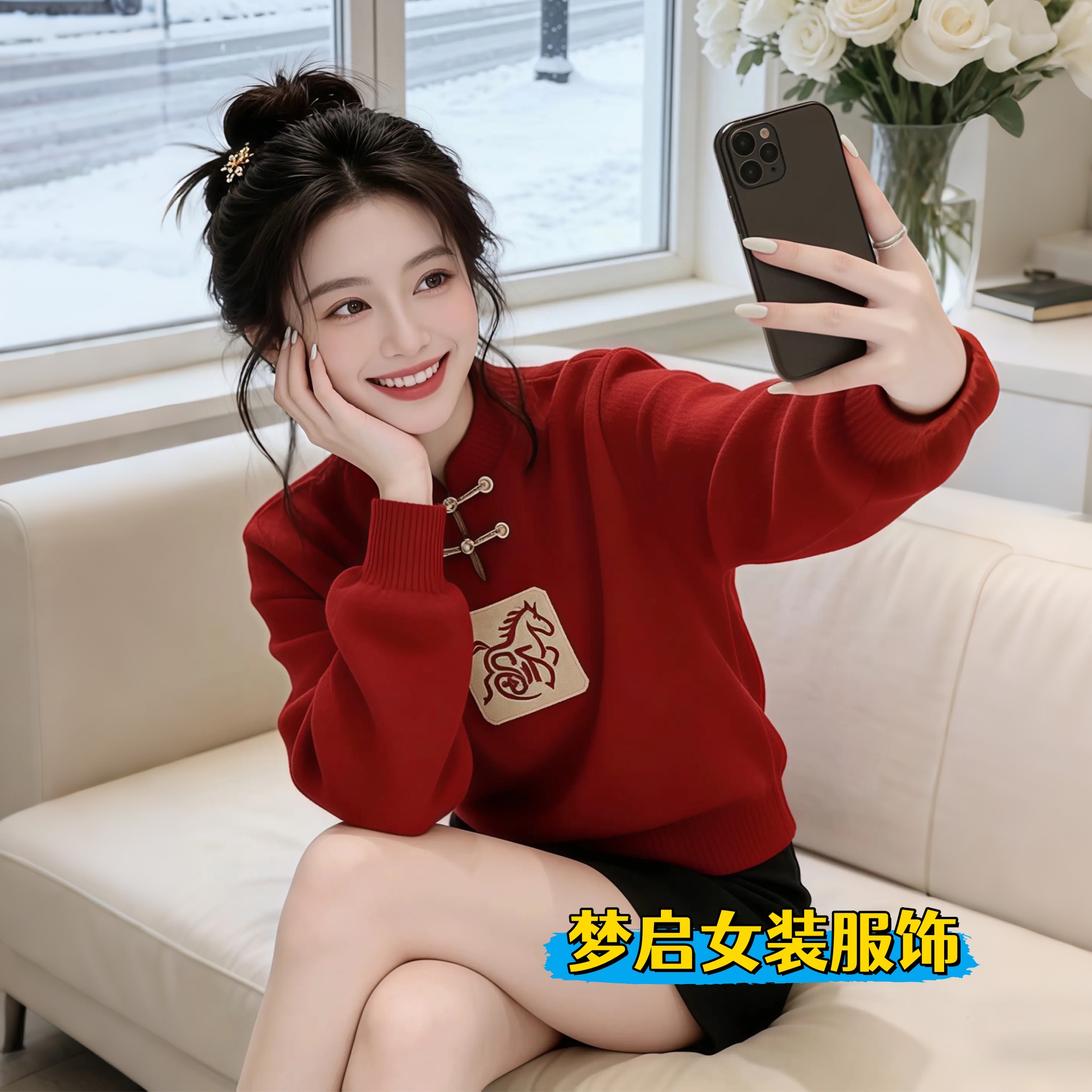 新中式国风盘扣白马红色针织毛衣女2026冬季新款圣诞穿搭新年战袍