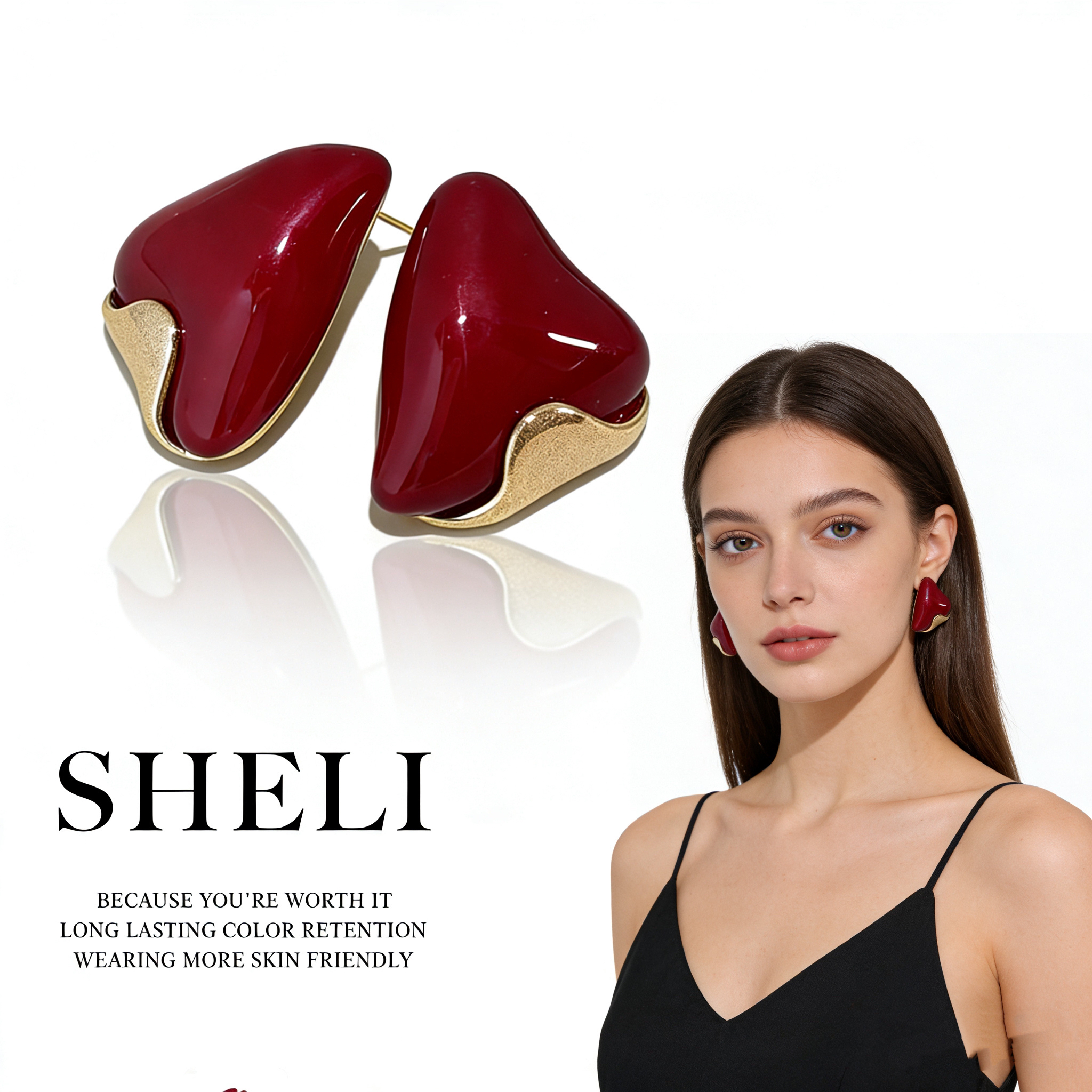 铜合金耳饰 铜合金耳饰 精致复古红色滴釉花瓣耳环时尚轻奢百搭