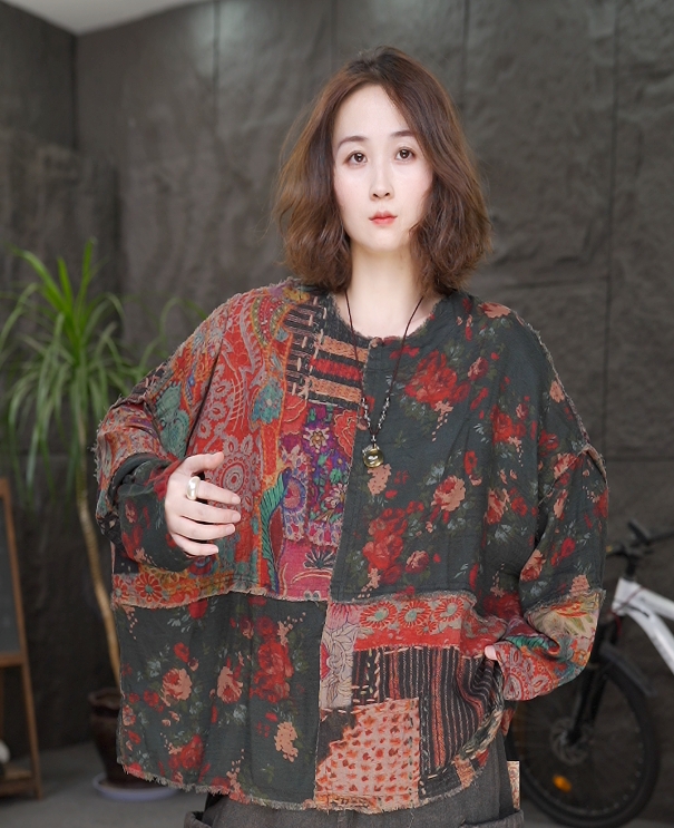 秋季新款原创复古风不规则印花个性休闲上衣女QQ