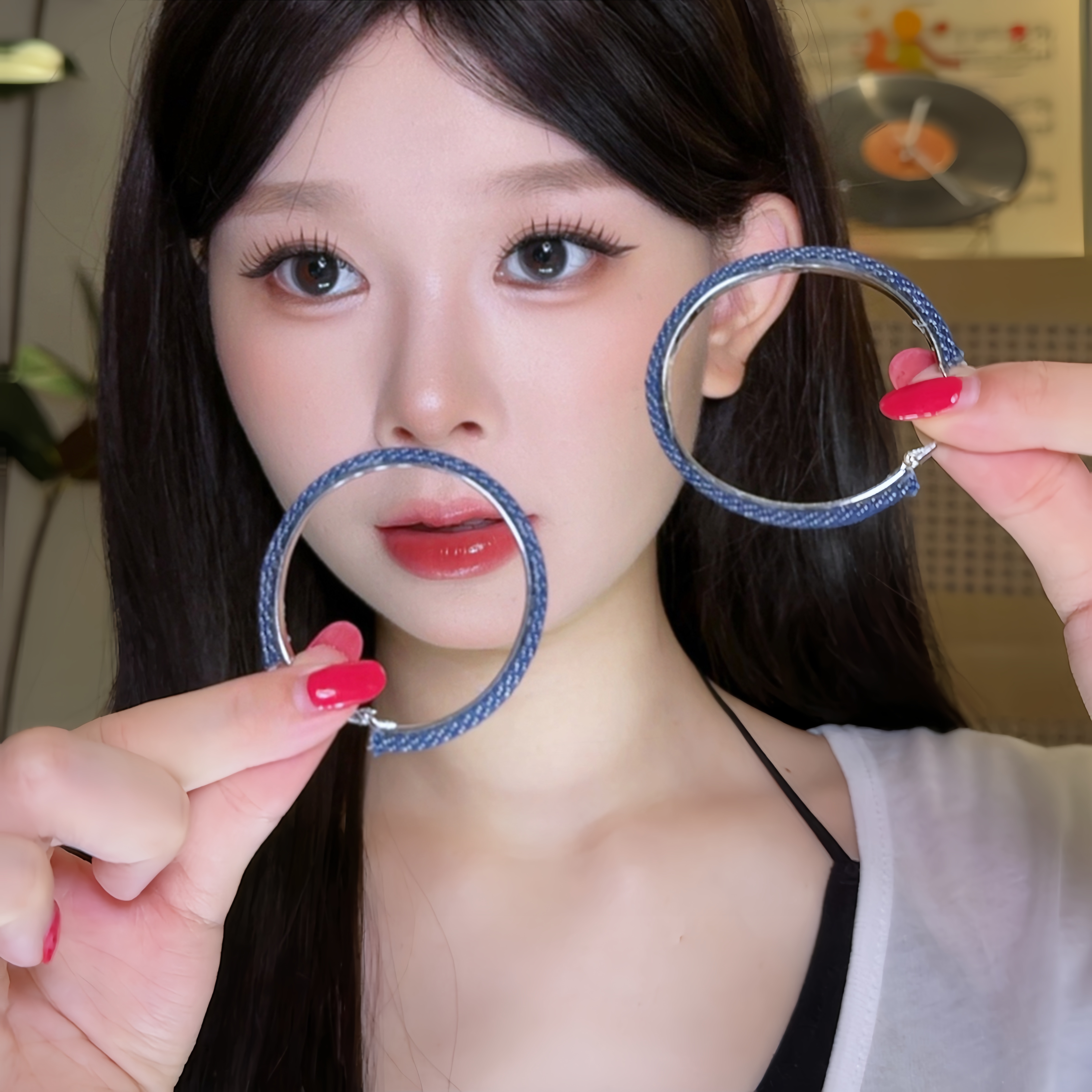 合金耳饰 小众设计感牛仔大圈圈耳环女新款港风气质适合方圆脸的