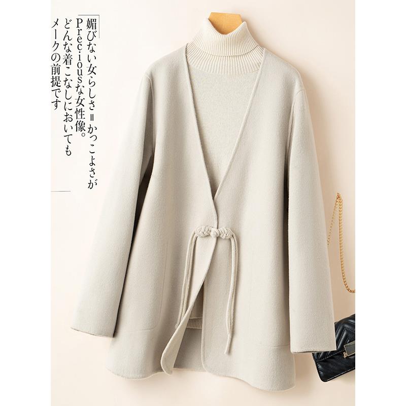 新中式国风盘扣领双面大衣女秋冬宽松小个子纯羊毛外套呢子