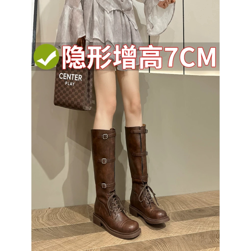 miu家内增高美拉德西部牛仔靴春秋真皮复古骑士靴女靴高跟长筒靴