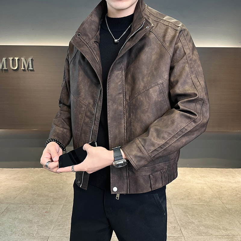 PONDEHEFOT普丹希斐复古立领PU皮夹克外套男潮牌短款服秋冬季