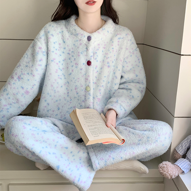 半边绒睡衣女冬季开衫加厚小众高级彩扣保暖家居服秋冬可外穿套装