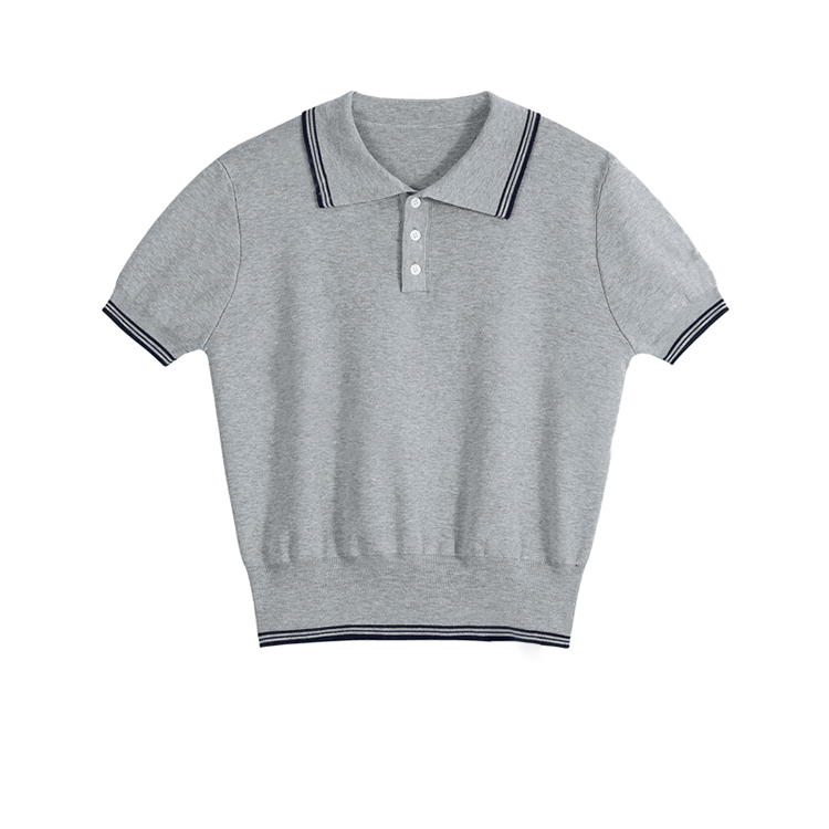 韩版百搭撞色Polo领短袖针织衫女夏季小众洋气收腰显瘦正肩上衣薄