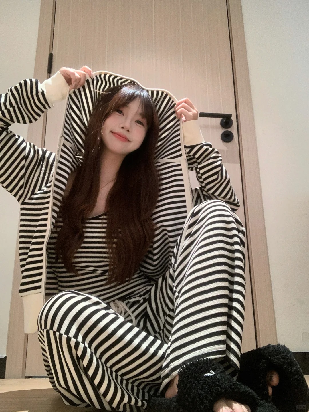 【DMXJ大梦想家】甜美慵懒条纹带胸垫睡衣女夏季款修身三件套家居服