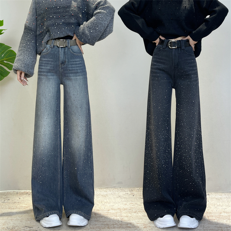 迪否满天星烫钻加绒阔腿微喇裤冬季新款高腰显瘦不贴腿牛仔裤6399