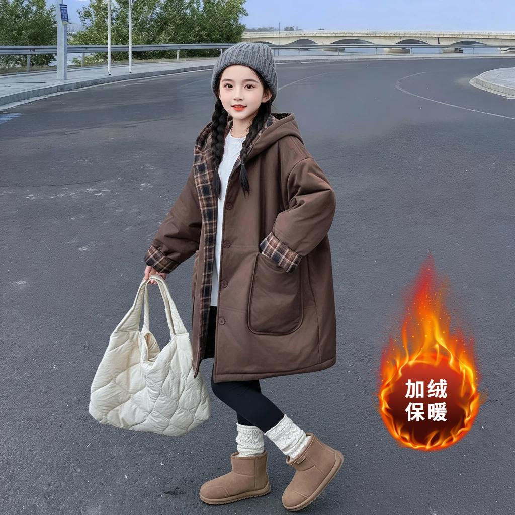 女童冬季中长款双面穿加长棉服2025新款韩版大童女孩加厚连帽外套