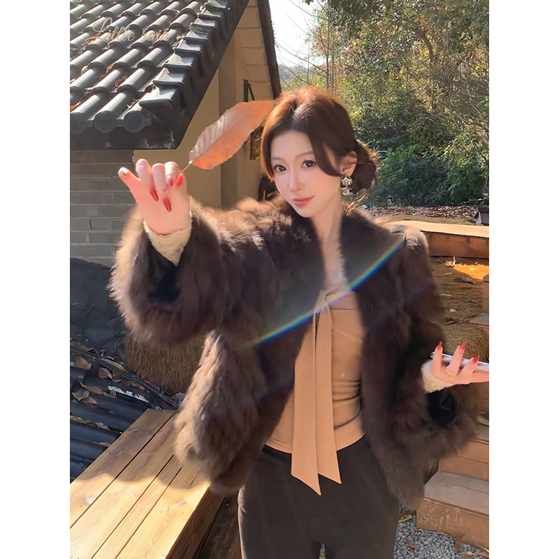 小雨姐姐【貂毛绒迹】休闲时尚100%狐狸毛皮草中长款气质外套女冬款