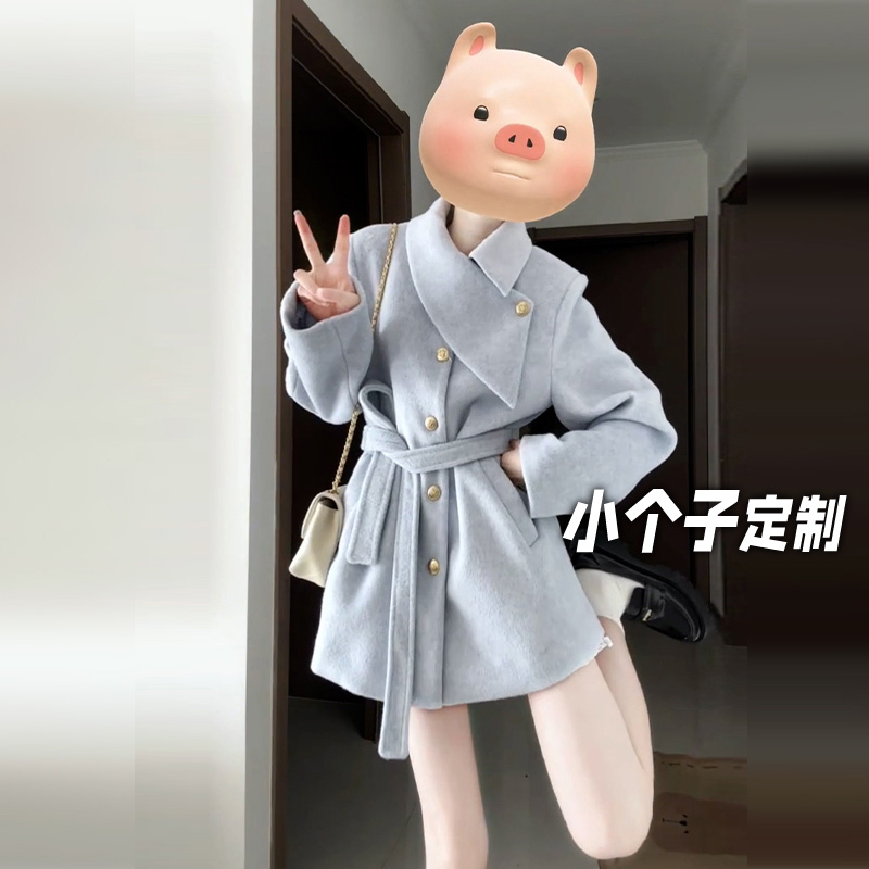 150小矮个子高级感毛呢系带外套女冬季收腰杏色呢子加厚短款大衣